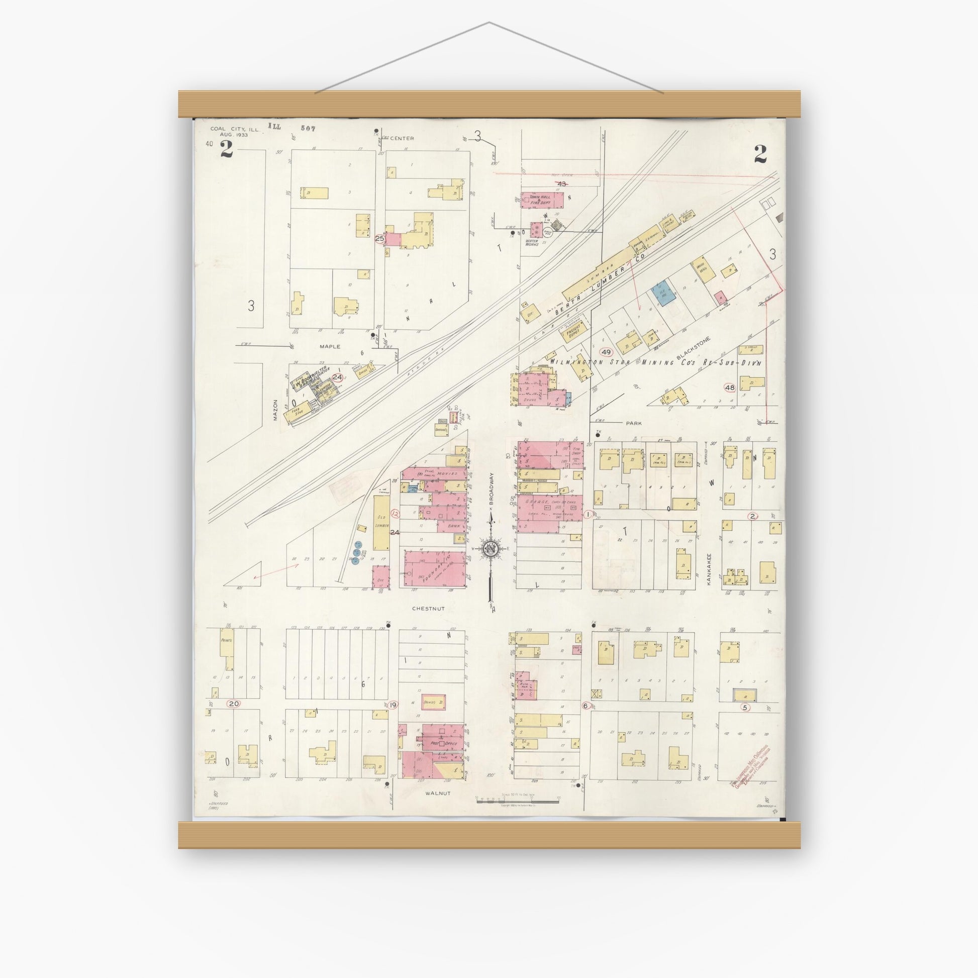 Old map wall art mockup — magnetic wood frame on white wall — Sanborn Fire Insurance Map from Coal City, Grundy County, Illinois (1943), Sheet #0002