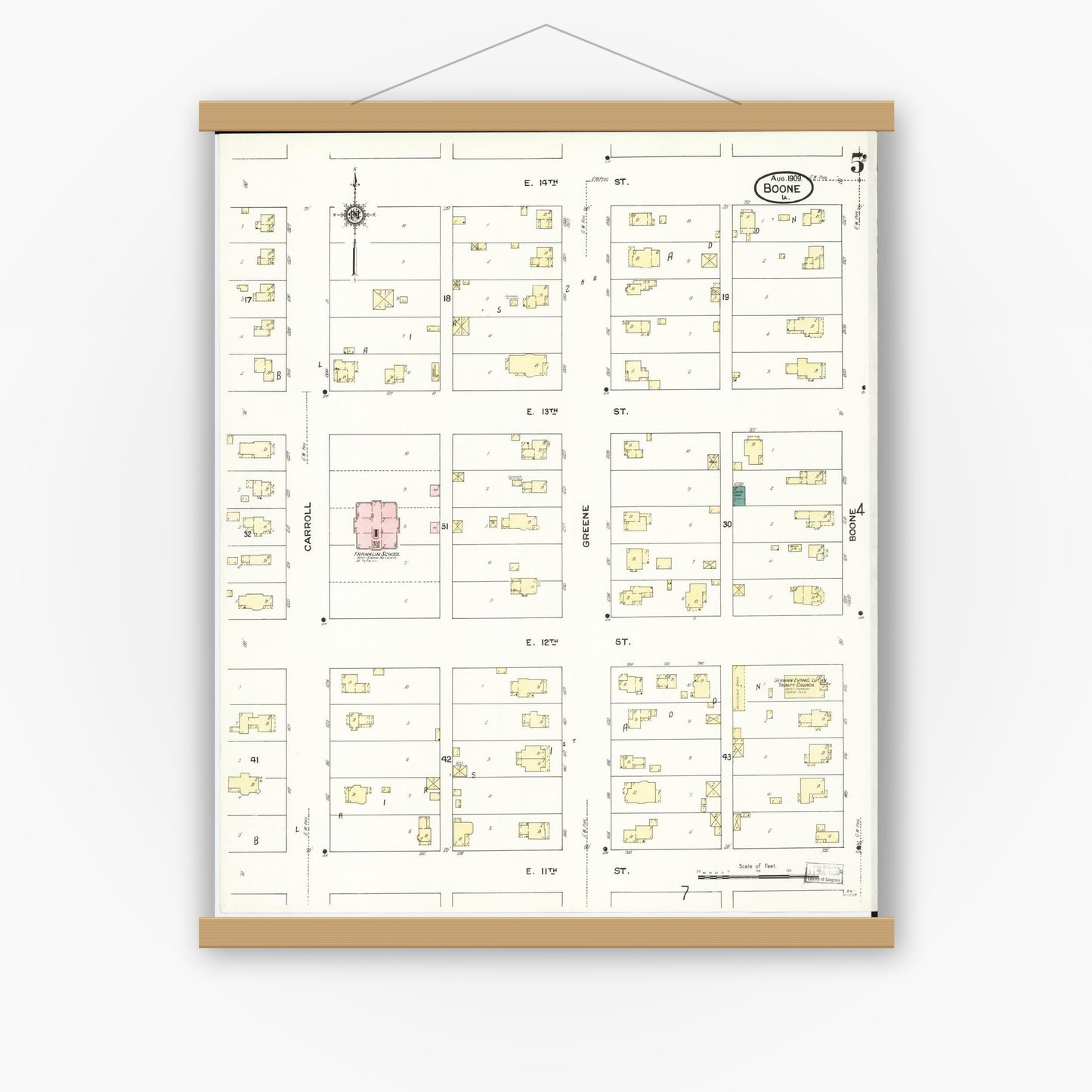 Old map wall art mockup — magnetic wood frame on white wall — Sanborn Fire Insurance Map from Boone, Boone County, Iowa (1909), Sheet #0005