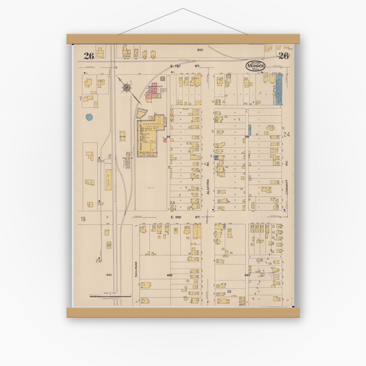 Old map wall art mockup — magnetic wood frame on white wall — Sanborn Fire Insurance Map from Monroe, Monroe County, Michigan (1922), Sheet #0026