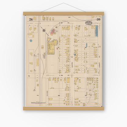 Old map wall art mockup — magnetic wood frame on white wall — Sanborn Fire Insurance Map from Monroe, Monroe County, Michigan (1922), Sheet #0026