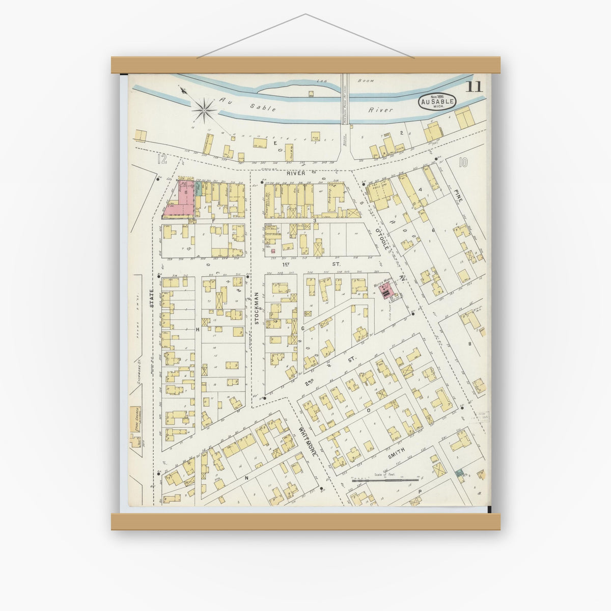 Old map wall art mockup — magnetic wood frame on white wall — Sanborn Fire Insurance Map from Oscoda, Iosco County, Michigan (1895), Sheet #0011