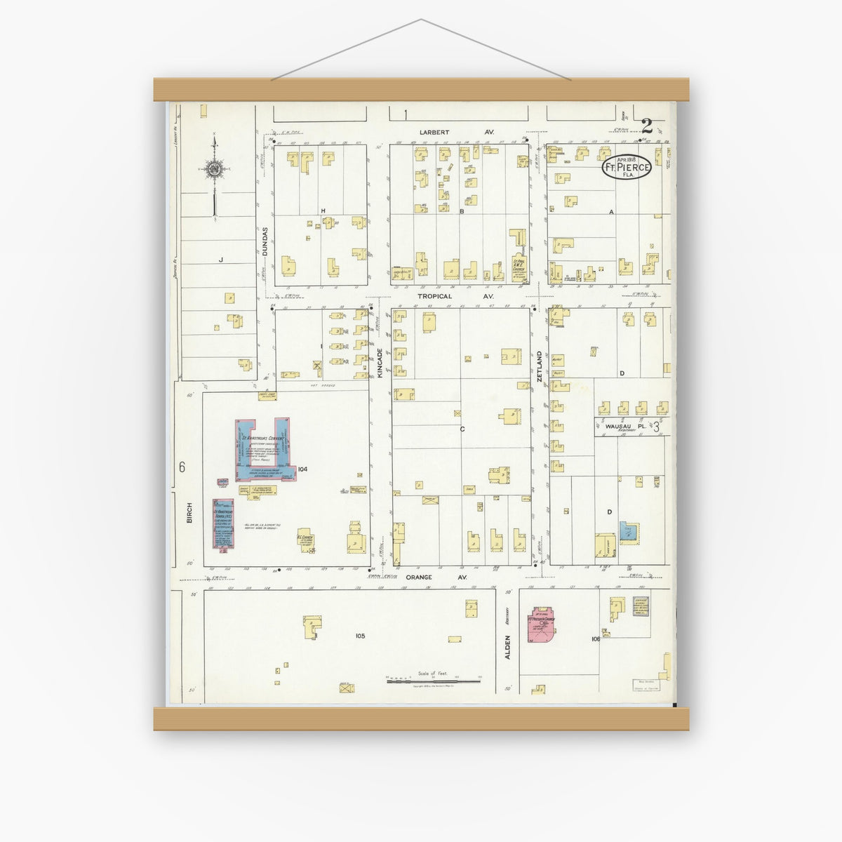 Old map wall art mockup — magnetic wood frame on white wall — Sanborn Fire Insurance Map from Fort Pierce, St Lucie County, Florida (1918), Sheet #0002