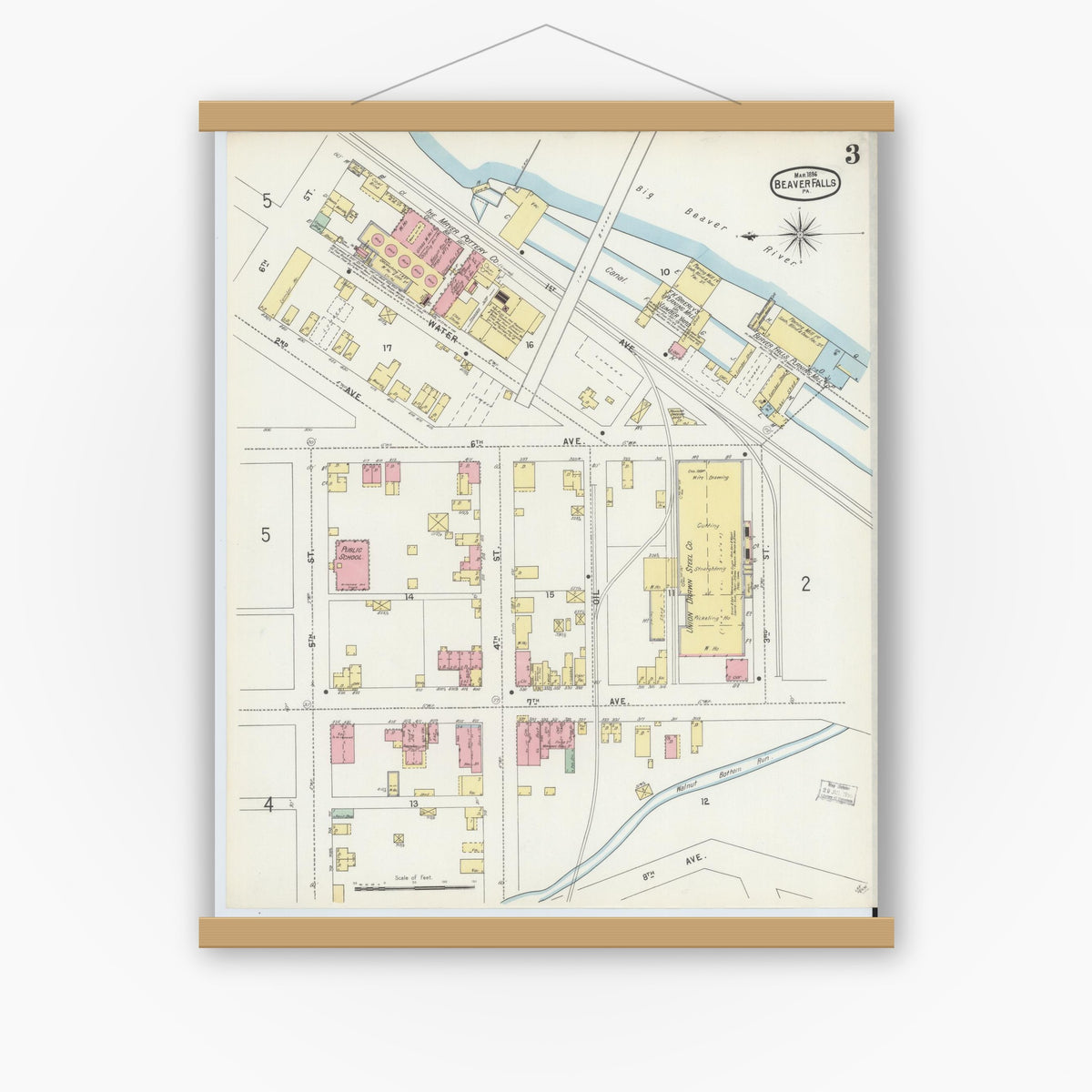 Old map wall art mockup — magnetic wood frame on white wall — Sanborn Fire Insurance Map from Beaver Falls, Beaver County, Pennsylvania (1896), Sheet #0003
