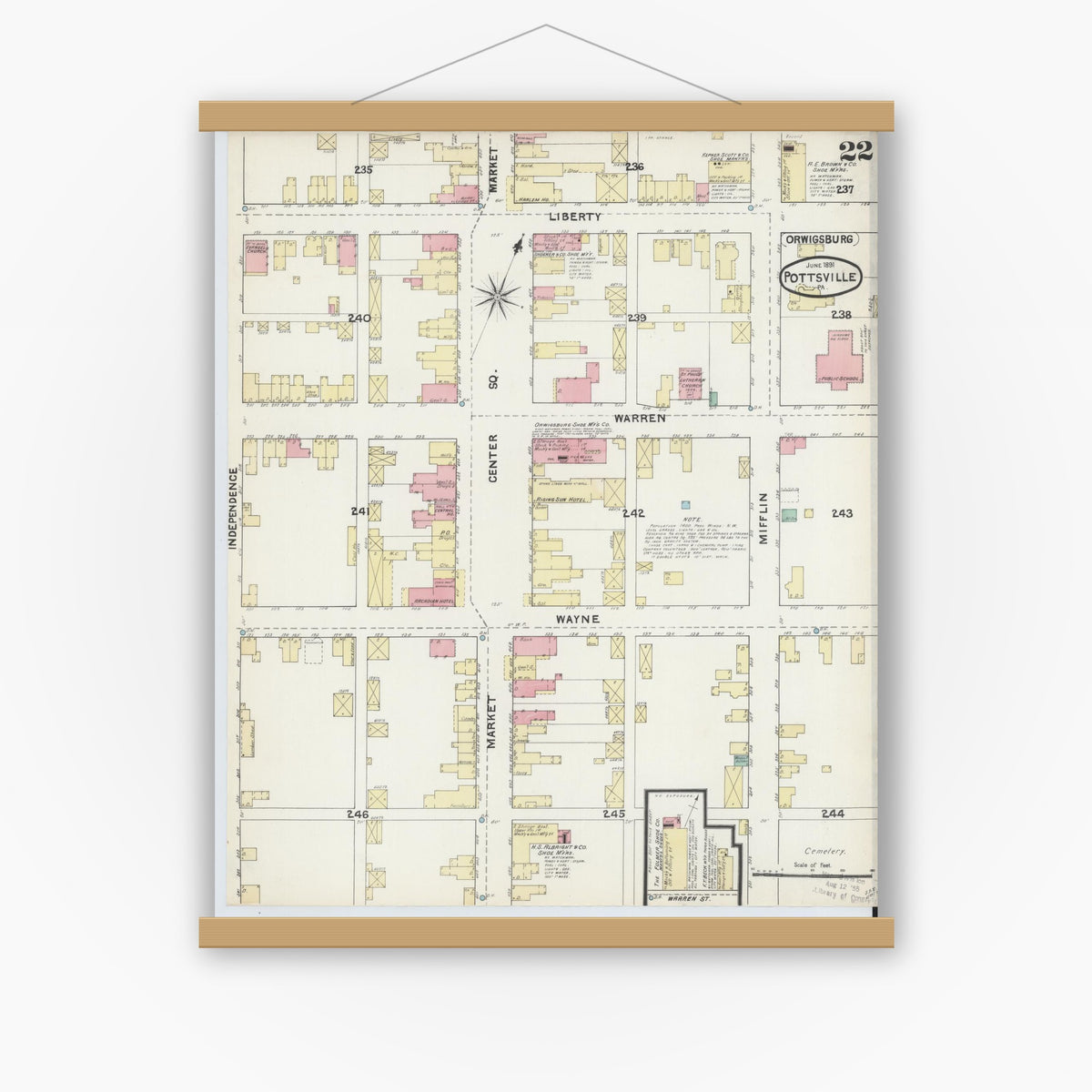 Old map wall art mockup — magnetic wood frame on white wall — Sanborn Fire Insurance Map from Pottsville, Schuylkill County, Pennsylvania (1891), Sheet #0022