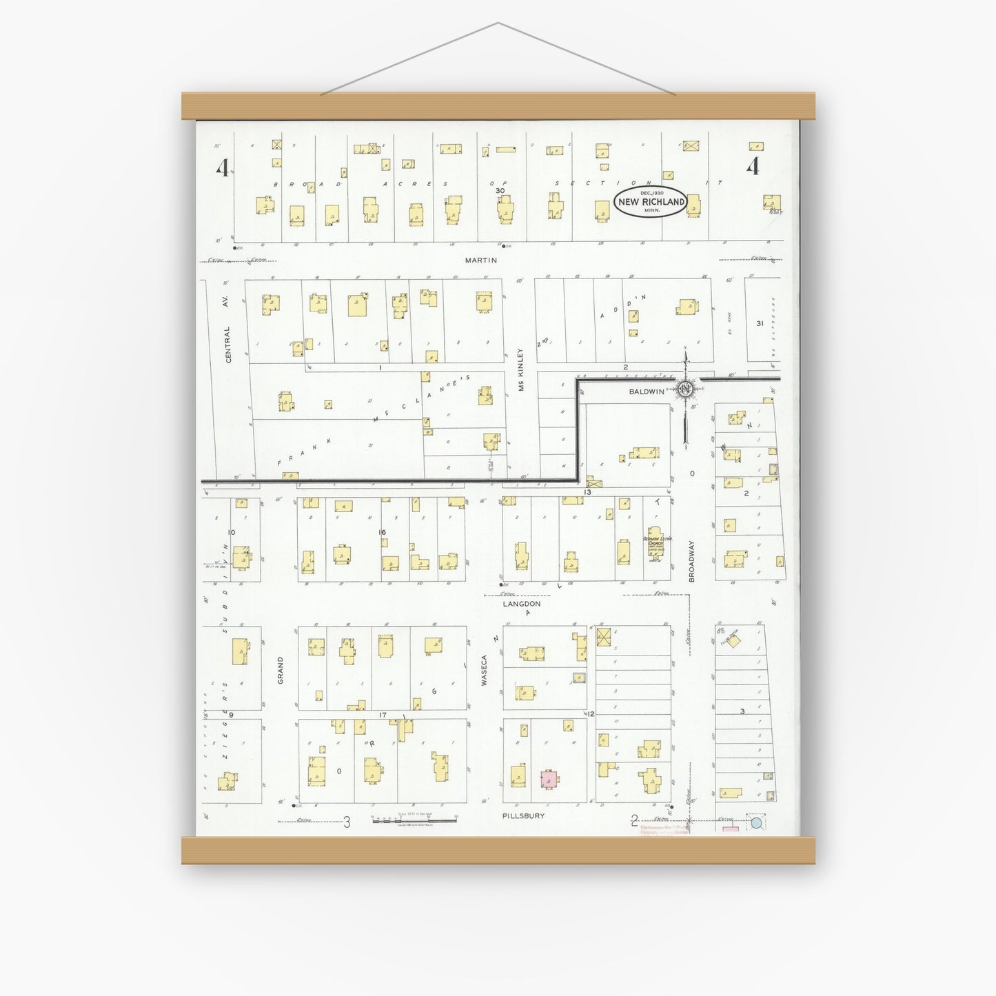 Old map wall art mockup — magnetic wood frame on white wall — Sanborn Fire Insurance Map from New Richland, Waseca County, Minnesota (1930), Sheet #0004