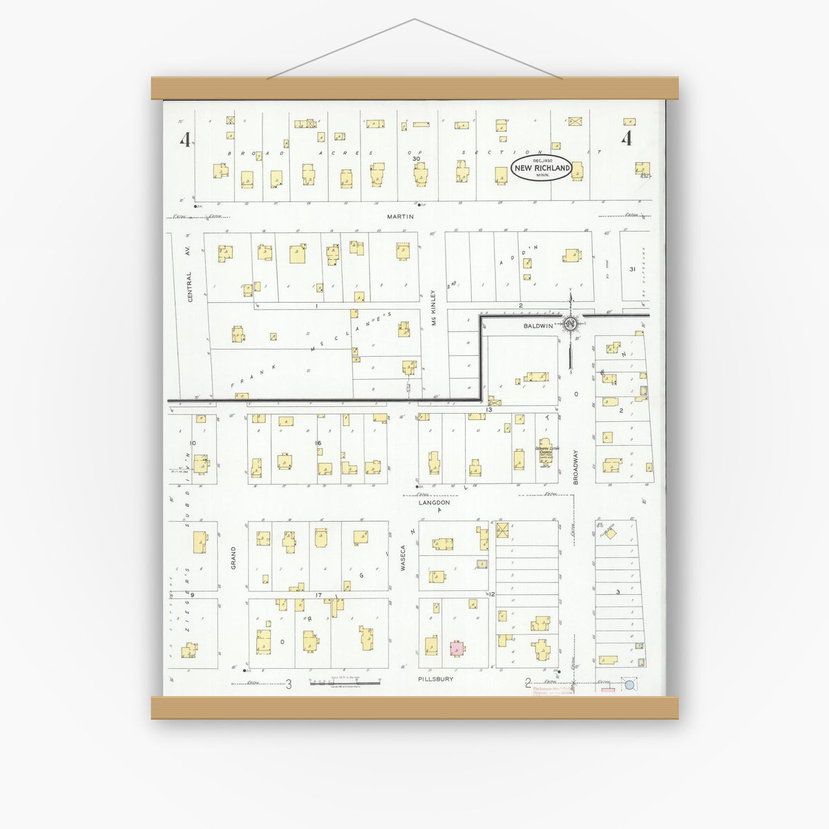Old map wall art mockup — magnetic wood frame on white wall — Sanborn Fire Insurance Map from New Richland, Waseca County, Minnesota (1930), Sheet #0004