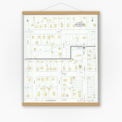 Old map wall art mockup — magnetic wood frame on white wall — Sanborn Fire Insurance Map from New Richland, Waseca County, Minnesota (1930), Sheet #0004