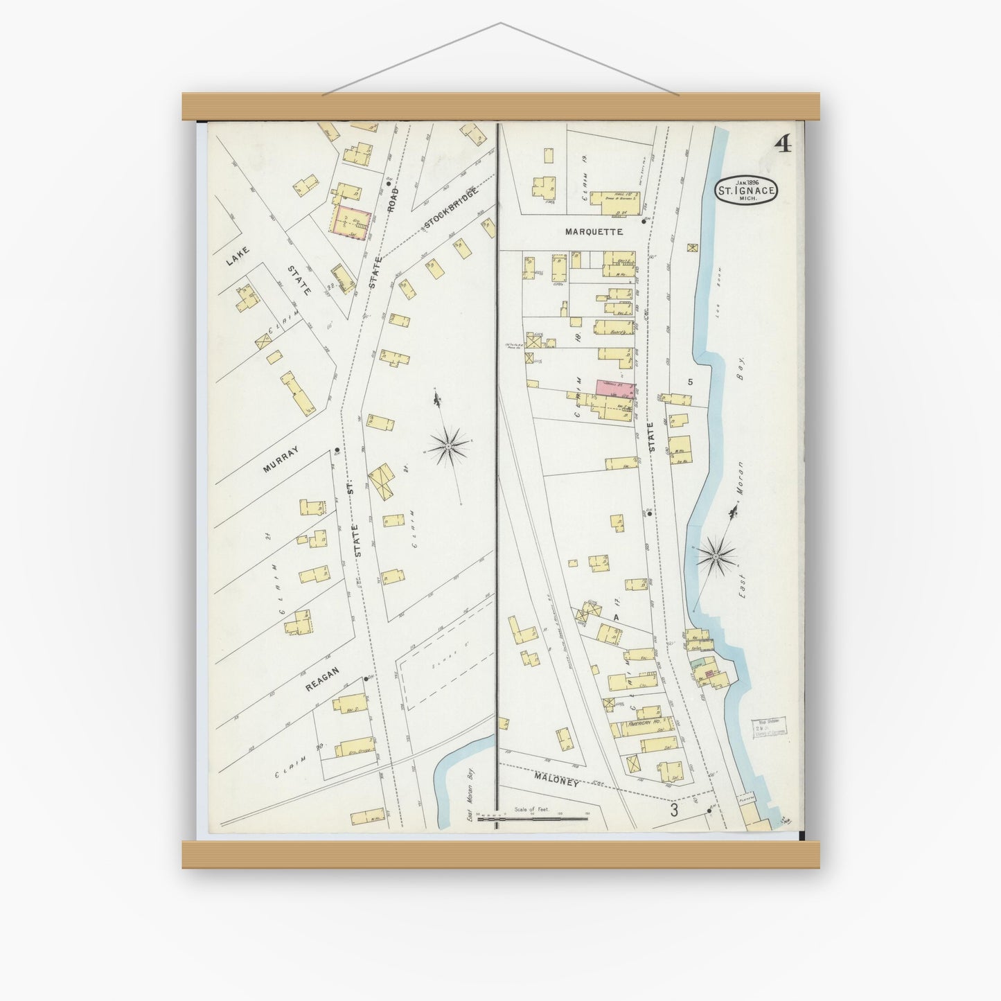 Old map wall art mockup — magnetic wood frame on white wall — Sanborn Fire Insurance Map from Saint Ignace, Mackinac County, Michigan (1896), Sheet #0004