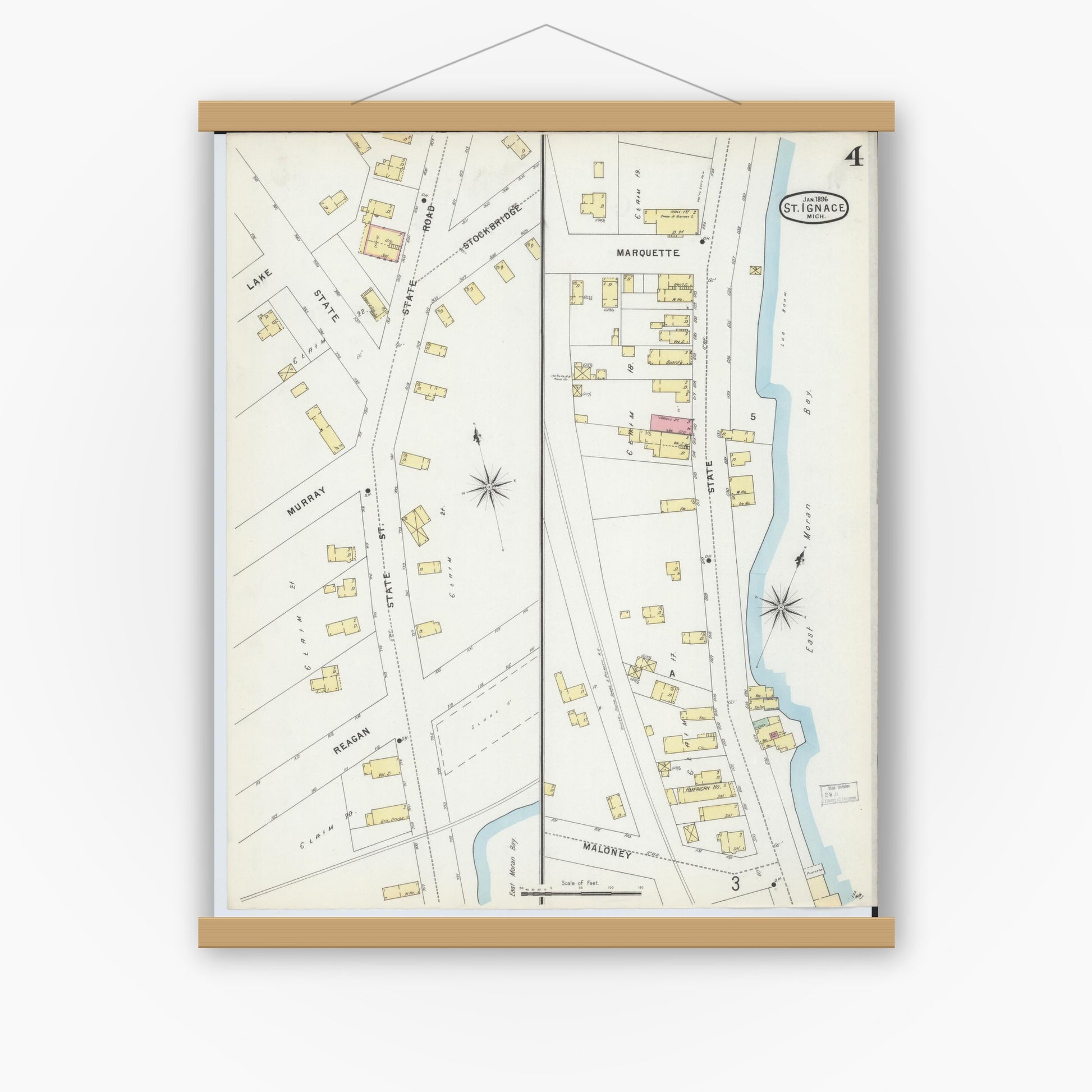 Old map wall art mockup — magnetic wood frame on white wall — Sanborn Fire Insurance Map from Saint Ignace, Mackinac County, Michigan (1896), Sheet #0004