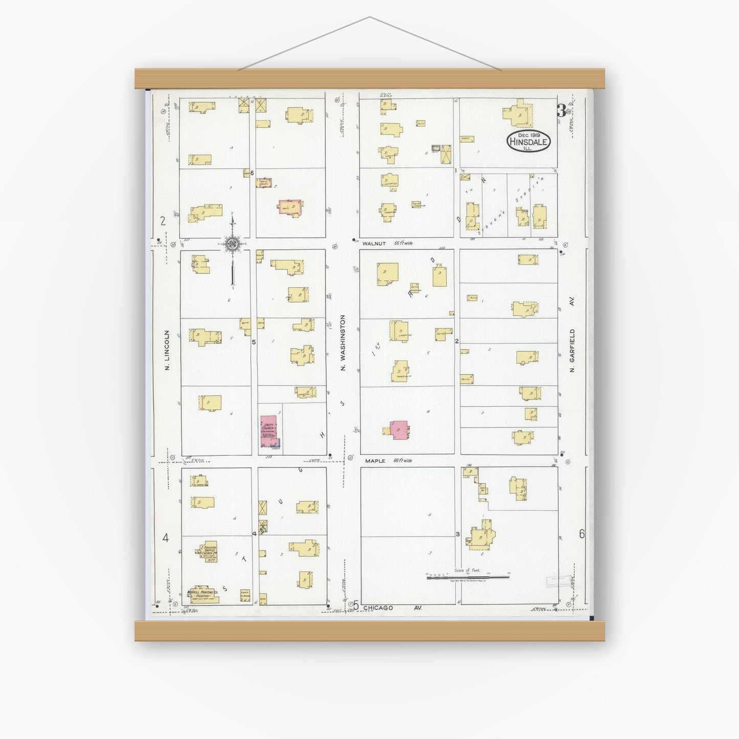 Old map wall art mockup — magnetic wood frame on white wall — Sanborn Fire Insurance Map from Hinsdale, Du Page And Cook Counties, Illinois (1919), Sheet #0003