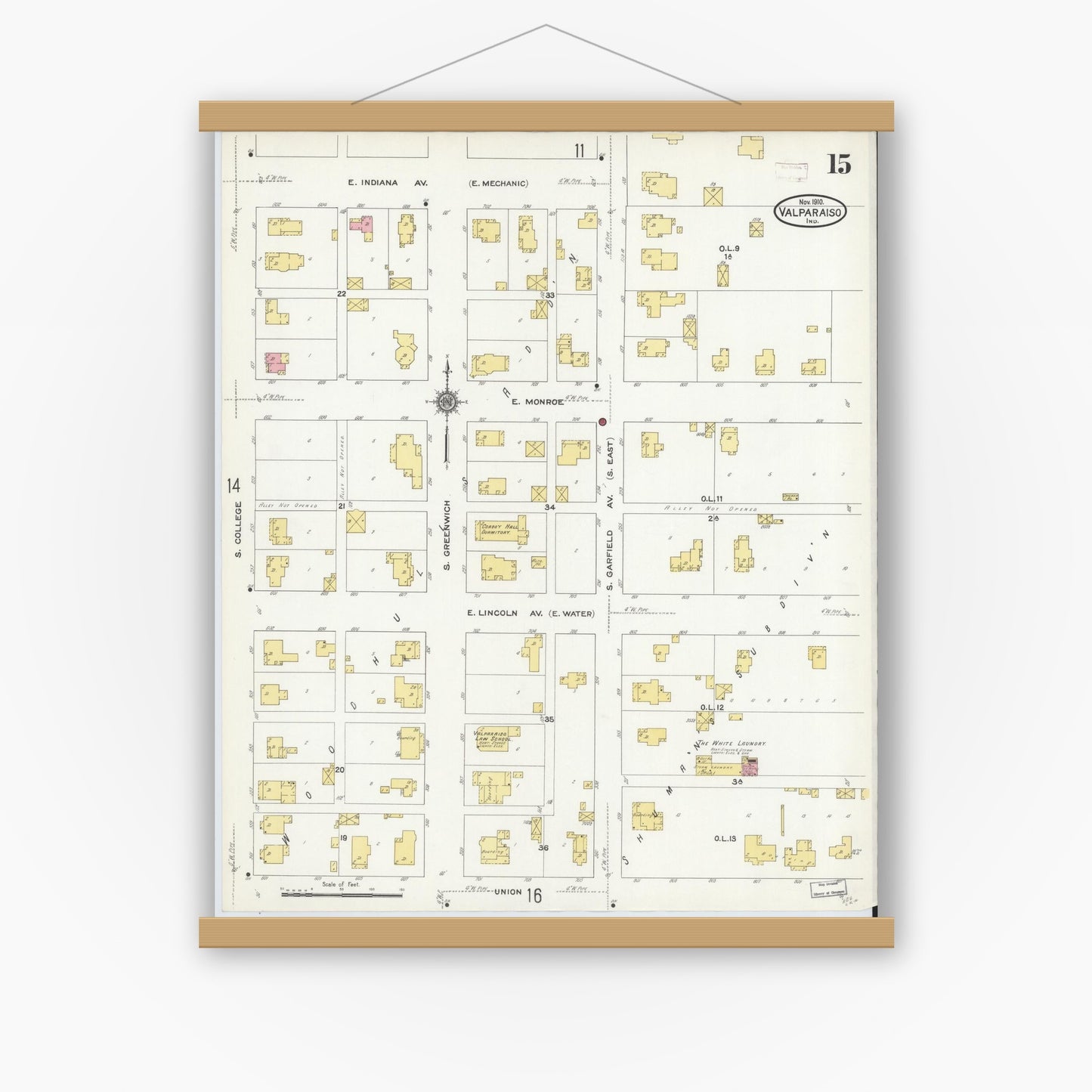Old map wall art mockup — magnetic wood frame on white wall — Sanborn Fire Insurance Map from Valparaiso, Porter County, Indiana (1910), Sheet #0015