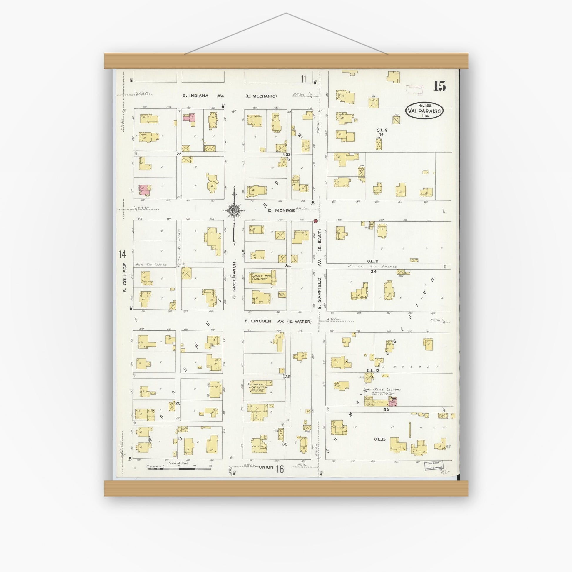 Old map wall art mockup — magnetic wood frame on white wall — Sanborn Fire Insurance Map from Valparaiso, Porter County, Indiana (1910), Sheet #0015