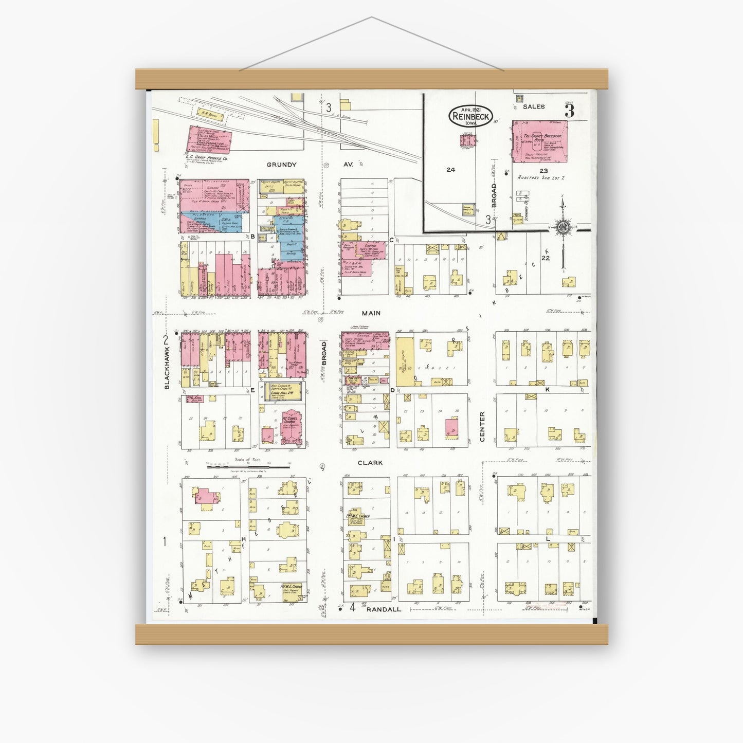 Old map wall art mockup — magnetic wood frame on white wall — Sanborn Fire Insurance Map from Reinbeck, Grundy County, Iowa (1921), Sheet #0003