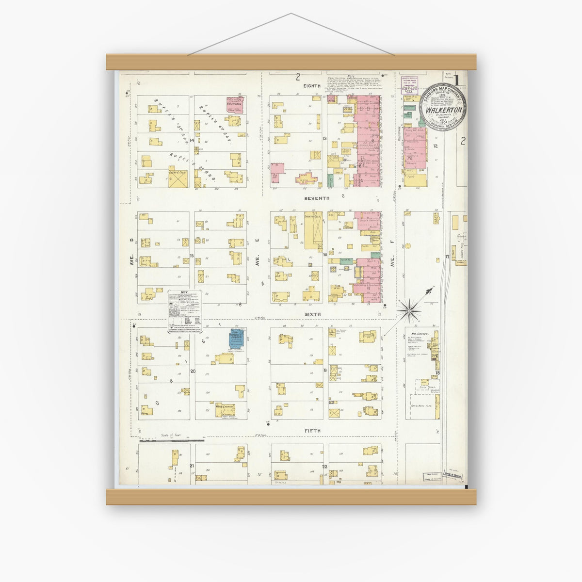 Old map wall art mockup — magnetic wood frame on white wall — Sanborn Fire Insurance Map from Walkerton, Saint Joseph County, Indiana (1904), Sheet #0001