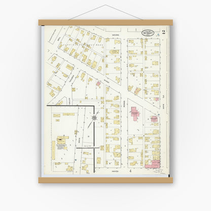 Old map wall art mockup — magnetic wood frame on white wall — Sanborn Fire Insurance Map from Degraff, Logan County, Ohio (1915), Sheet #0002