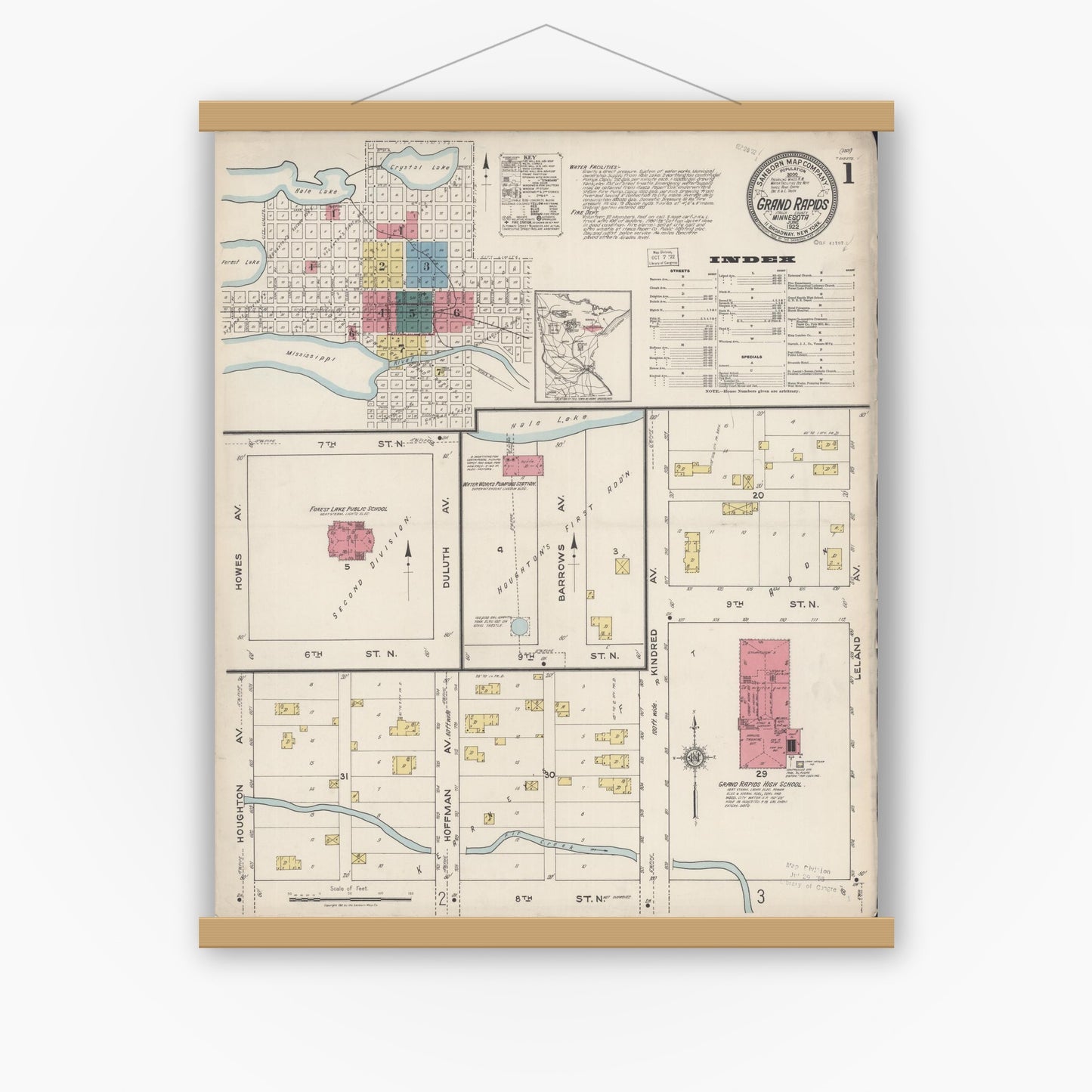 Old map wall art mockup — magnetic wood frame on white wall — Sanborn Fire Insurance Map from Grand Rapids, Itasca County, Minnesota (1922) - Complete Map Set
