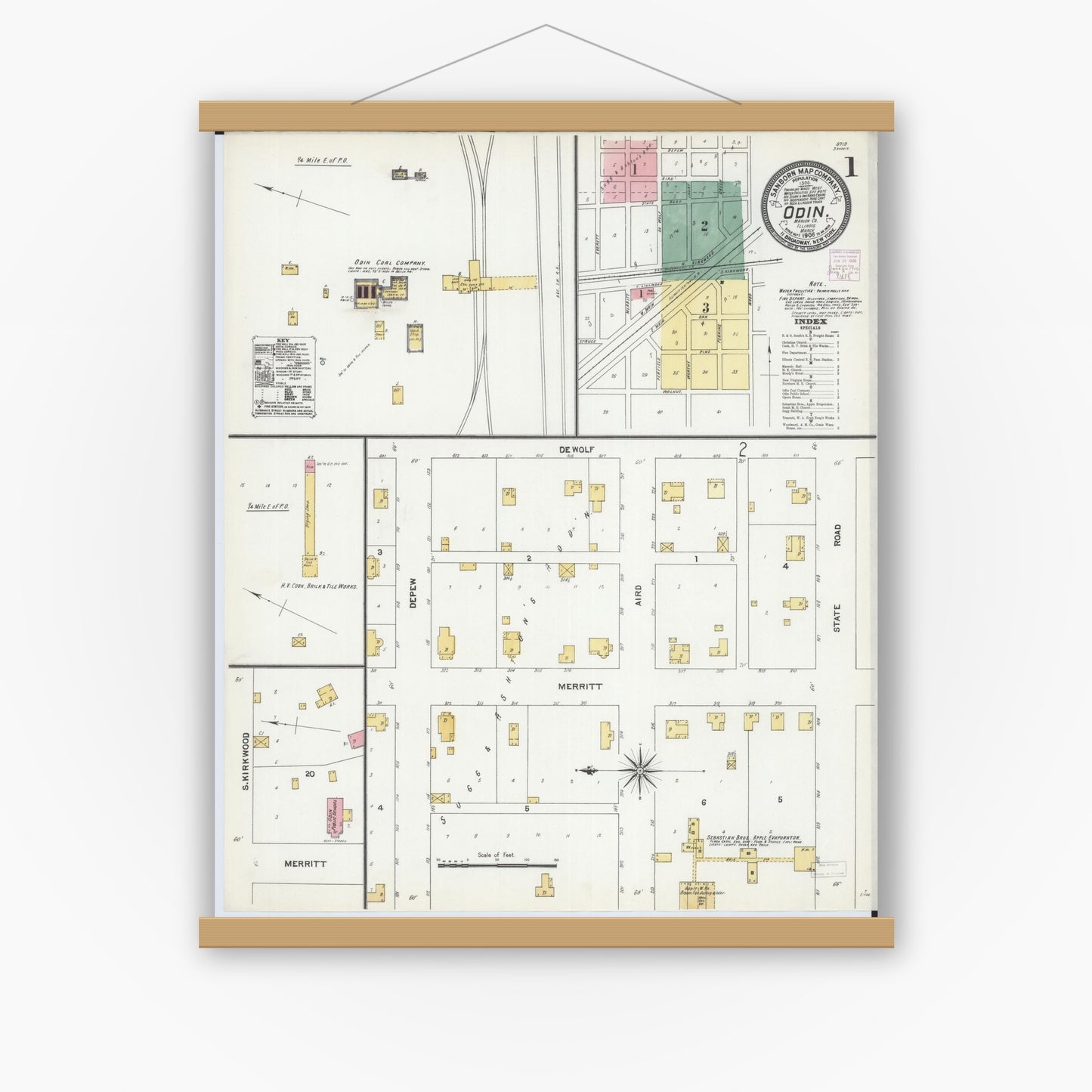 Old map wall art mockup — magnetic wood frame on white wall — Sanborn Fire Insurance Map from Odin, Marion County, Illinois (1906) - Complete Map Set