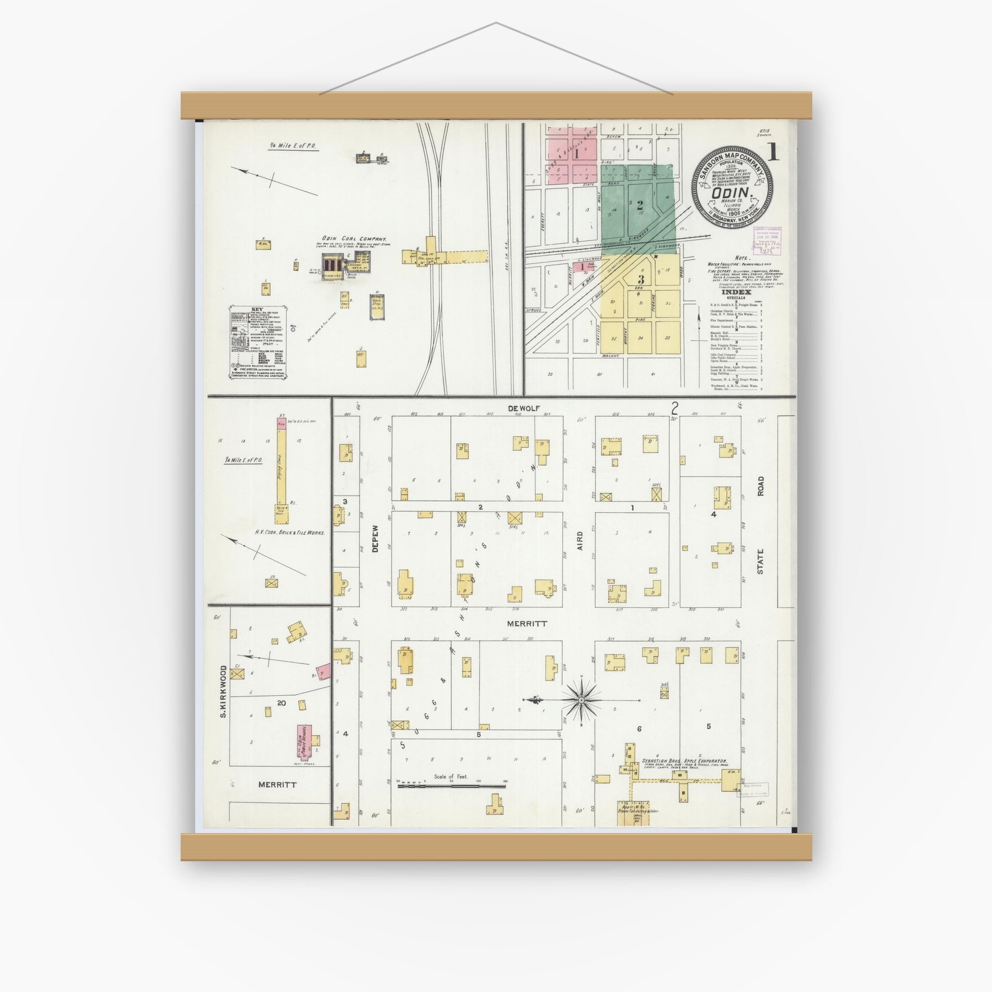 Old map wall art mockup — magnetic wood frame on white wall — Sanborn Fire Insurance Map from Odin, Marion County, Illinois (1906) - Complete Map Set