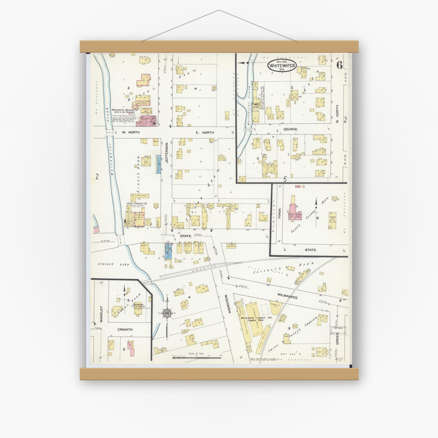 Old map wall art mockup — magnetic wood frame on white wall — Sanborn Fire Insurance Map from Whitewater, Walworth County, Wisconsin (1912), Sheet #0006