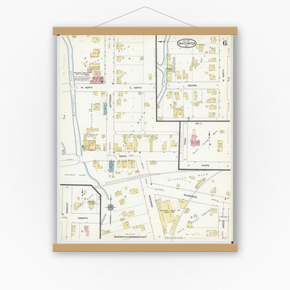 Old map wall art mockup — magnetic wood frame on white wall — Sanborn Fire Insurance Map from Whitewater, Walworth County, Wisconsin (1912), Sheet #0006