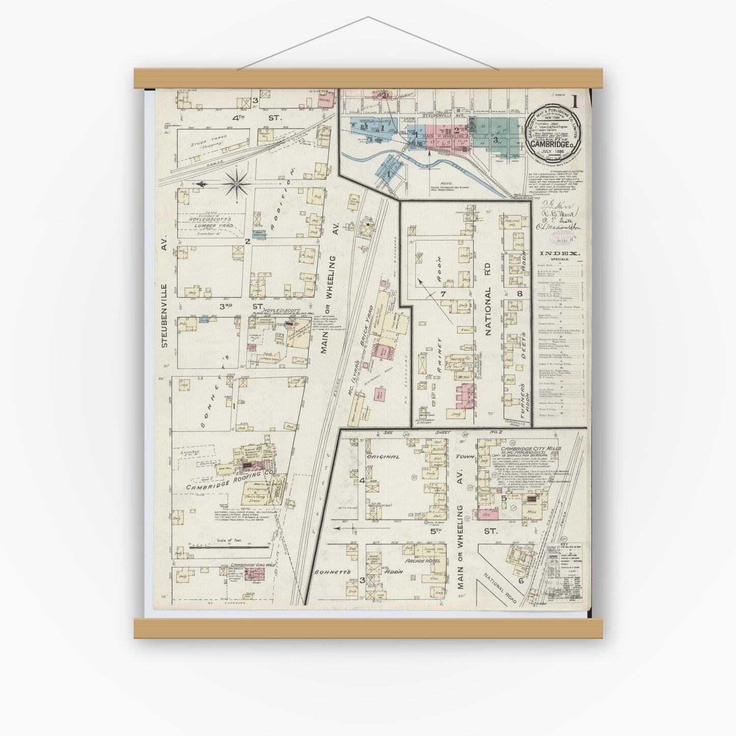 Old map wall art mockup — magnetic wood frame on white wall — Sanborn Fire Insurance Map from Cambridge, Guernsey County, Ohio (1886) - Complete Map Set