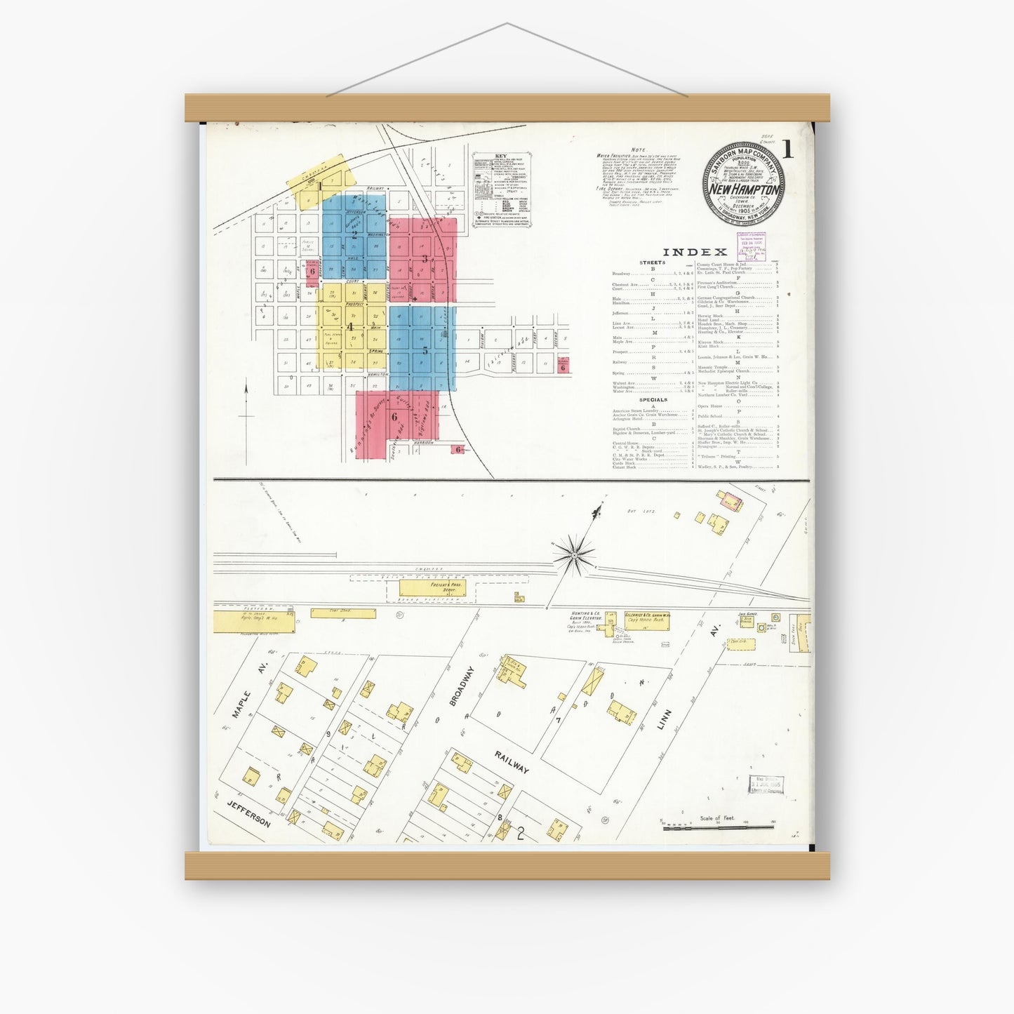 Old map wall art mockup — magnetic wood frame on white wall — Sanborn Fire Insurance Map from New Hampton, Chickasaw County, Iowa (1905) â€” Complete Set