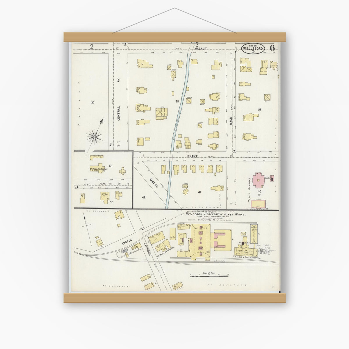 Old map wall art mockup — magnetic wood frame on white wall — Sanborn Fire Insurance Map from Wellsboro, Tioga County, Pennsylvania (1897), Sheet #0006