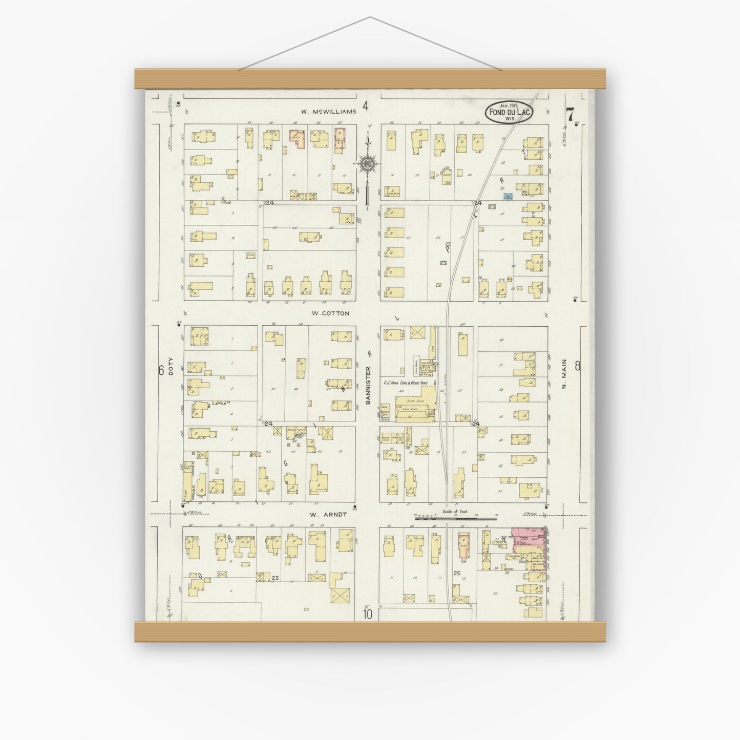 Old map wall art mockup — magnetic wood frame on white wall — Sanborn Fire Insurance Map from Fond du Lac, Fond du Lac County, Wisconsin (1915), Sheet #0007