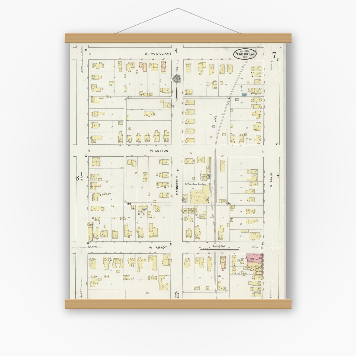 Old map wall art mockup — magnetic wood frame on white wall — Sanborn Fire Insurance Map from Fond du Lac, Fond du Lac County, Wisconsin (1915), Sheet #0007