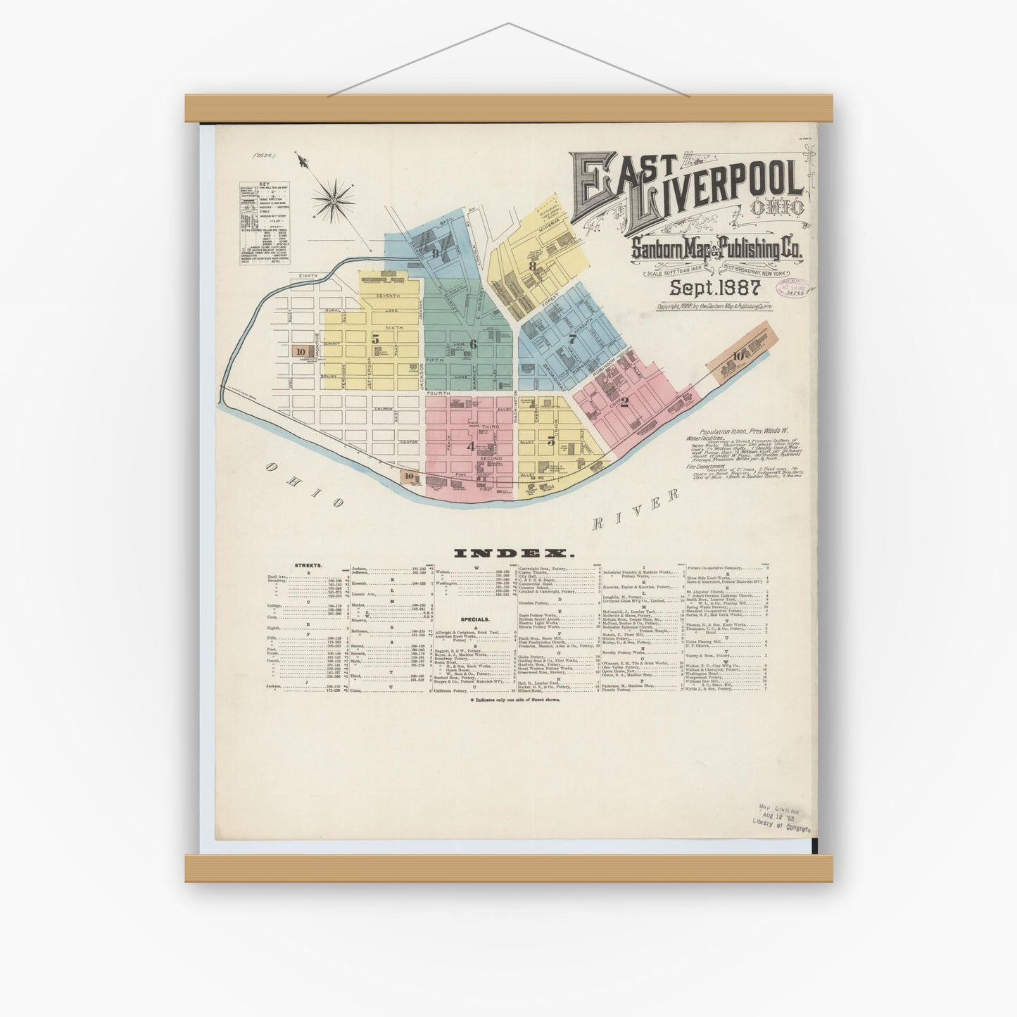 Old map wall art mockup — magnetic wood frame on white wall — Sanborn Fire Insurance Map from East Liverpool, Columbiana County, Ohio (1887) - Complete Map Set