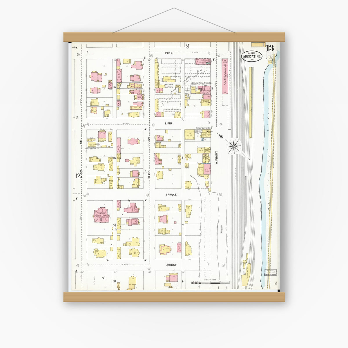 Old map wall art mockup — magnetic wood frame on white wall — Sanborn Fire Insurance Map from Muscatine, Muscatine County, Iowa (1899), Sheet #0013