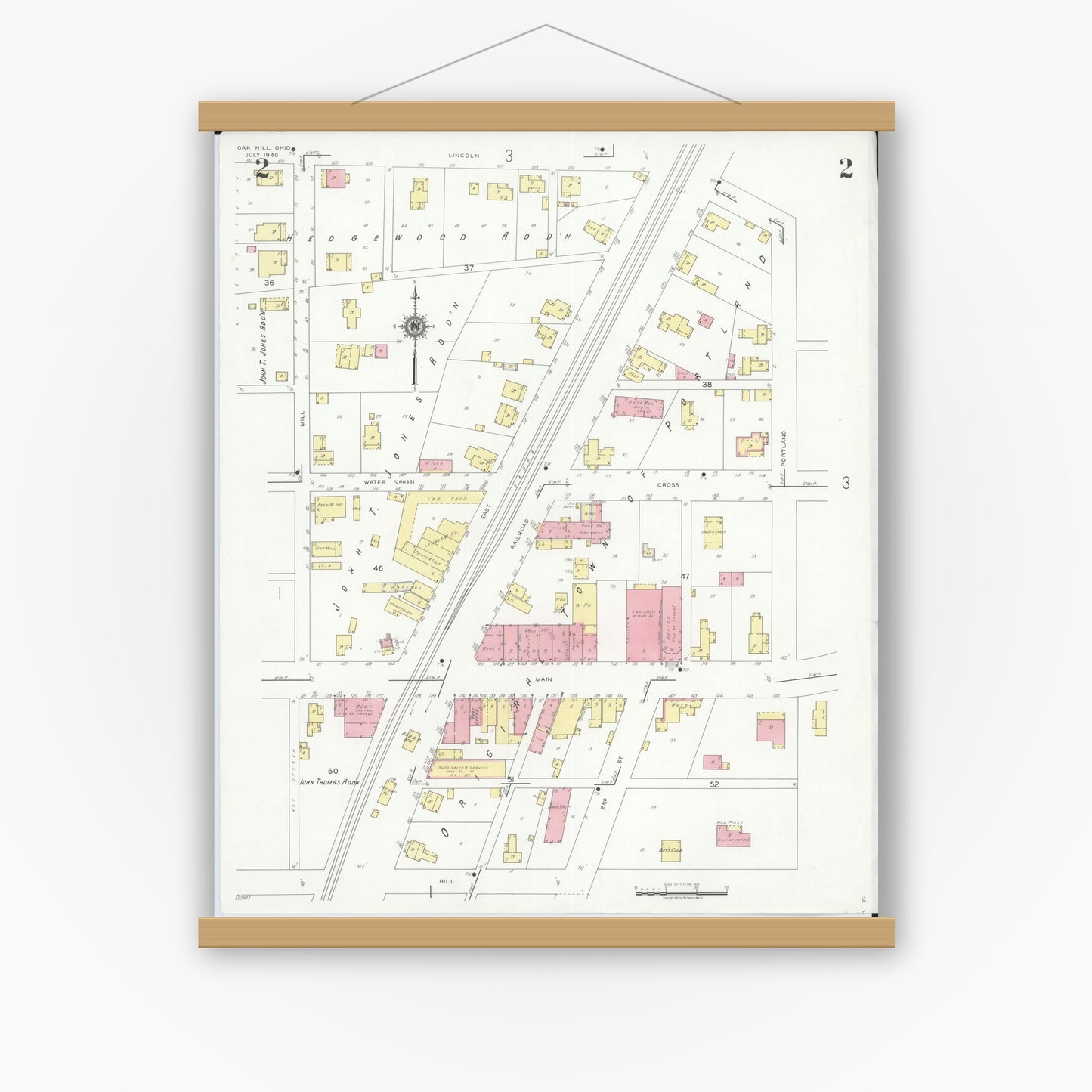 Old map wall art mockup — magnetic wood frame on white wall — Sanborn Fire Insurance Map from Oak Hill, Jackson County, Ohio (1940), Sheet #0002