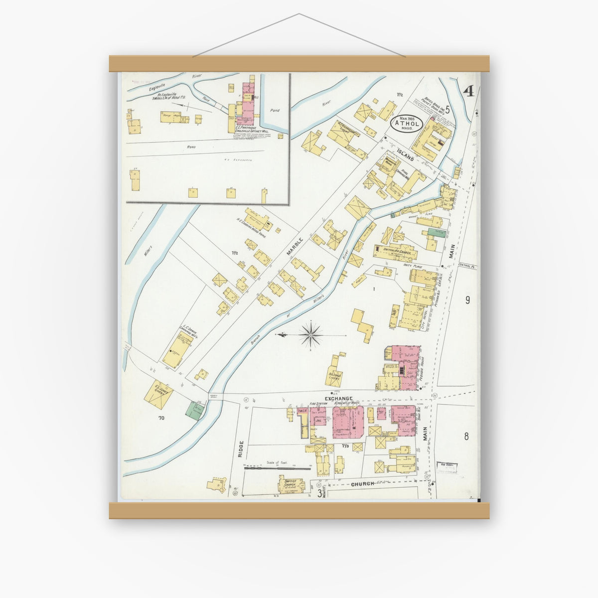 Old map wall art mockup — magnetic wood frame on white wall — Sanborn Fire Insurance Map from Athol, Worcester County, Massachusetts (1905), Sheet #0004