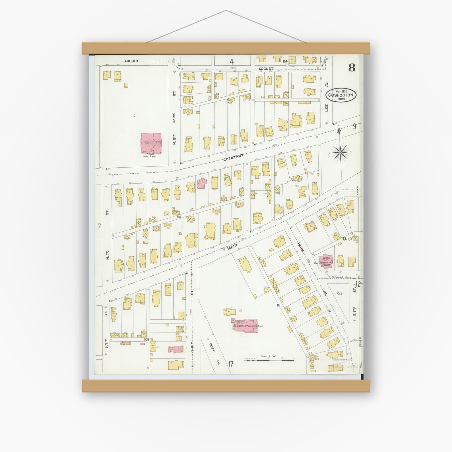 Old map wall art mockup — magnetic wood frame on white wall — Sanborn Fire Insurance Map from Coshocton, Coshocton County, Ohio (1905), Sheet #0008