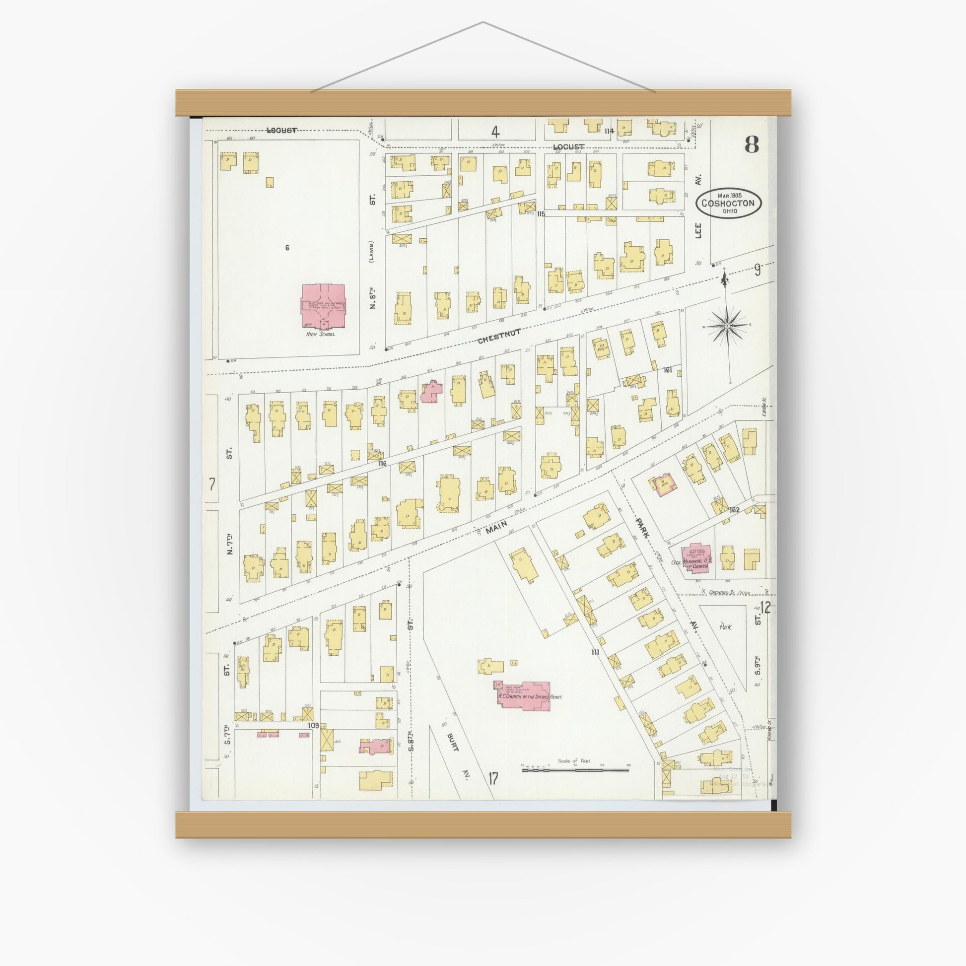 Old map wall art mockup — magnetic wood frame on white wall — Sanborn Fire Insurance Map from Coshocton, Coshocton County, Ohio (1905), Sheet #0008