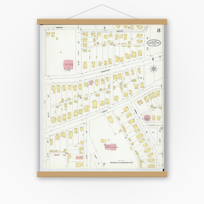Old map wall art mockup — magnetic wood frame on white wall — Sanborn Fire Insurance Map from Coshocton, Coshocton County, Ohio (1905), Sheet #0008