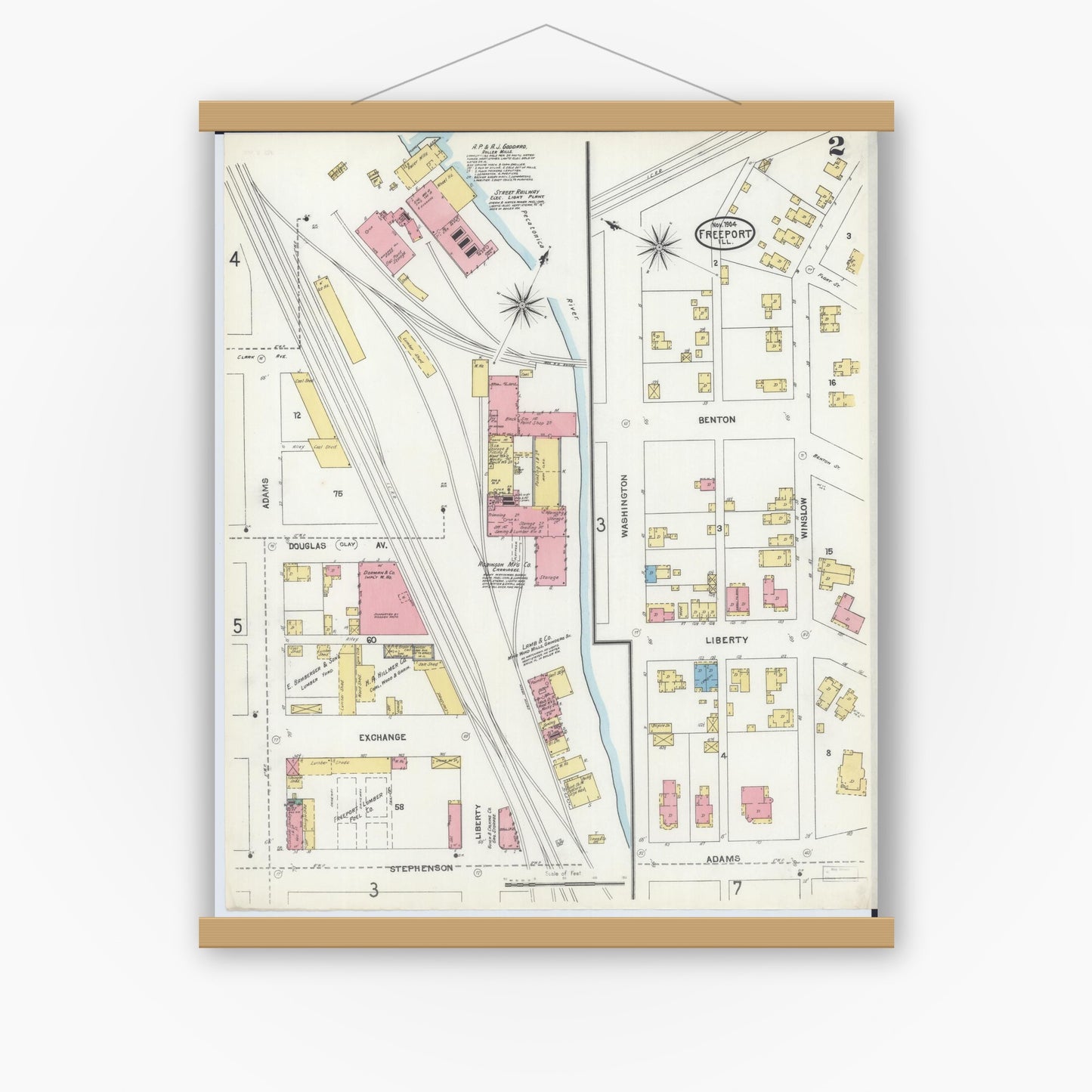 Old map wall art mockup — magnetic wood frame on white wall — Sanborn Fire Insurance Map from Freeport, Stephenson County, Illinois (1904), Sheet #0002