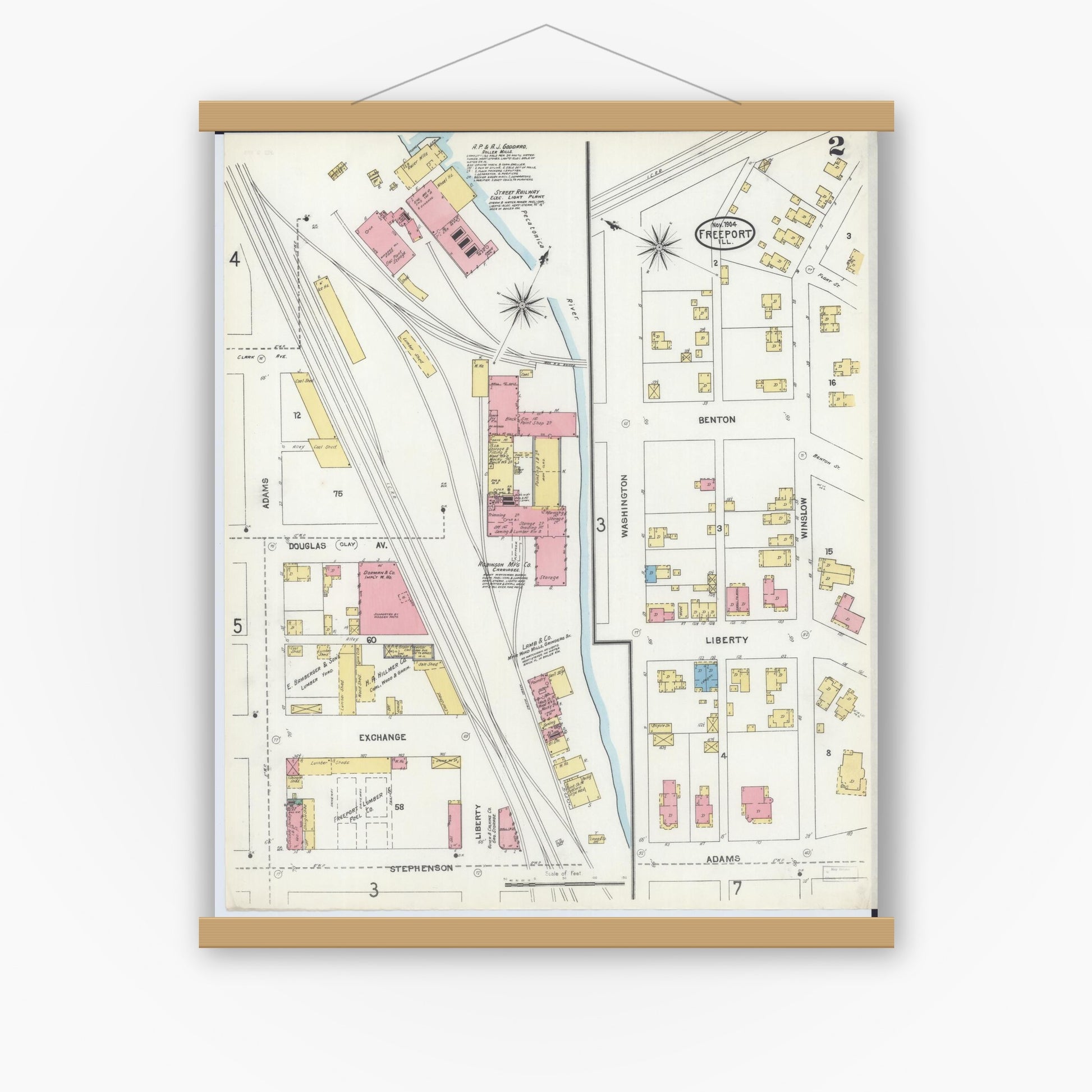 Old map wall art mockup — magnetic wood frame on white wall — Sanborn Fire Insurance Map from Freeport, Stephenson County, Illinois (1904), Sheet #0002