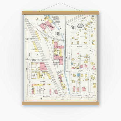 Old map wall art mockup — magnetic wood frame on white wall — Sanborn Fire Insurance Map from Freeport, Stephenson County, Illinois (1904), Sheet #0002