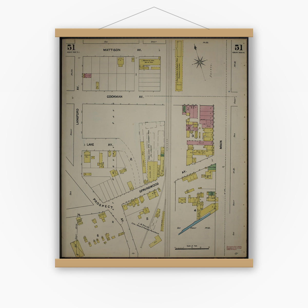 Old map wall art mockup — magnetic wood frame on white wall — Sanborn Fire Insurance Map from New Jersey Coast, New Jersey Coast, New Jersey (1890), Sheet #0051