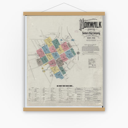 Old map wall art mockup — magnetic wood frame on white wall — Sanborn Fire Insurance Map from Norwalk, Huron County, Ohio (1911), Sheet #0001