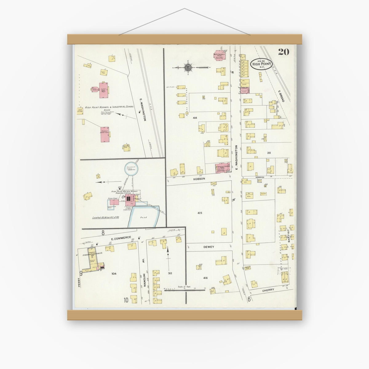 Old map wall art mockup — magnetic wood frame on white wall — Sanborn Fire Insurance Map from High Point, Guilford County, North Carolina (1911), Sheet #0020