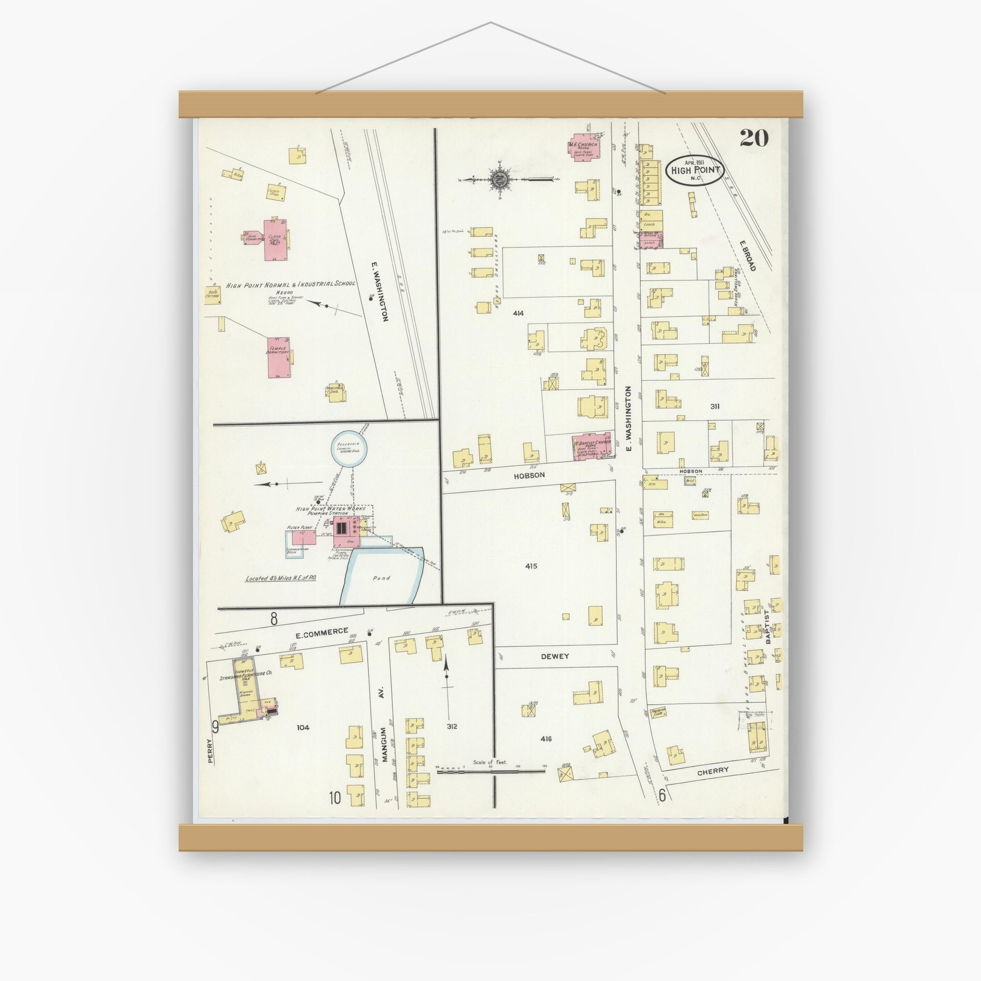 Old map wall art mockup — magnetic wood frame on white wall — Sanborn Fire Insurance Map from High Point, Guilford County, North Carolina (1911), Sheet #0020