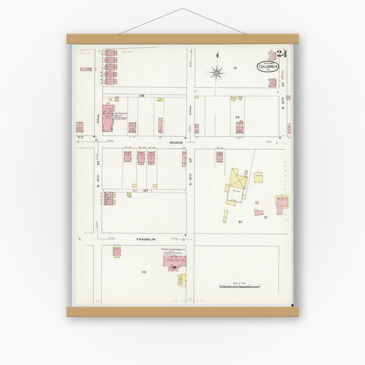 Old map wall art mockup — magnetic wood frame on white wall — Sanborn Fire Insurance Map from Columbia, Lancaster County, Pennsylvania (1909), Sheet #0024