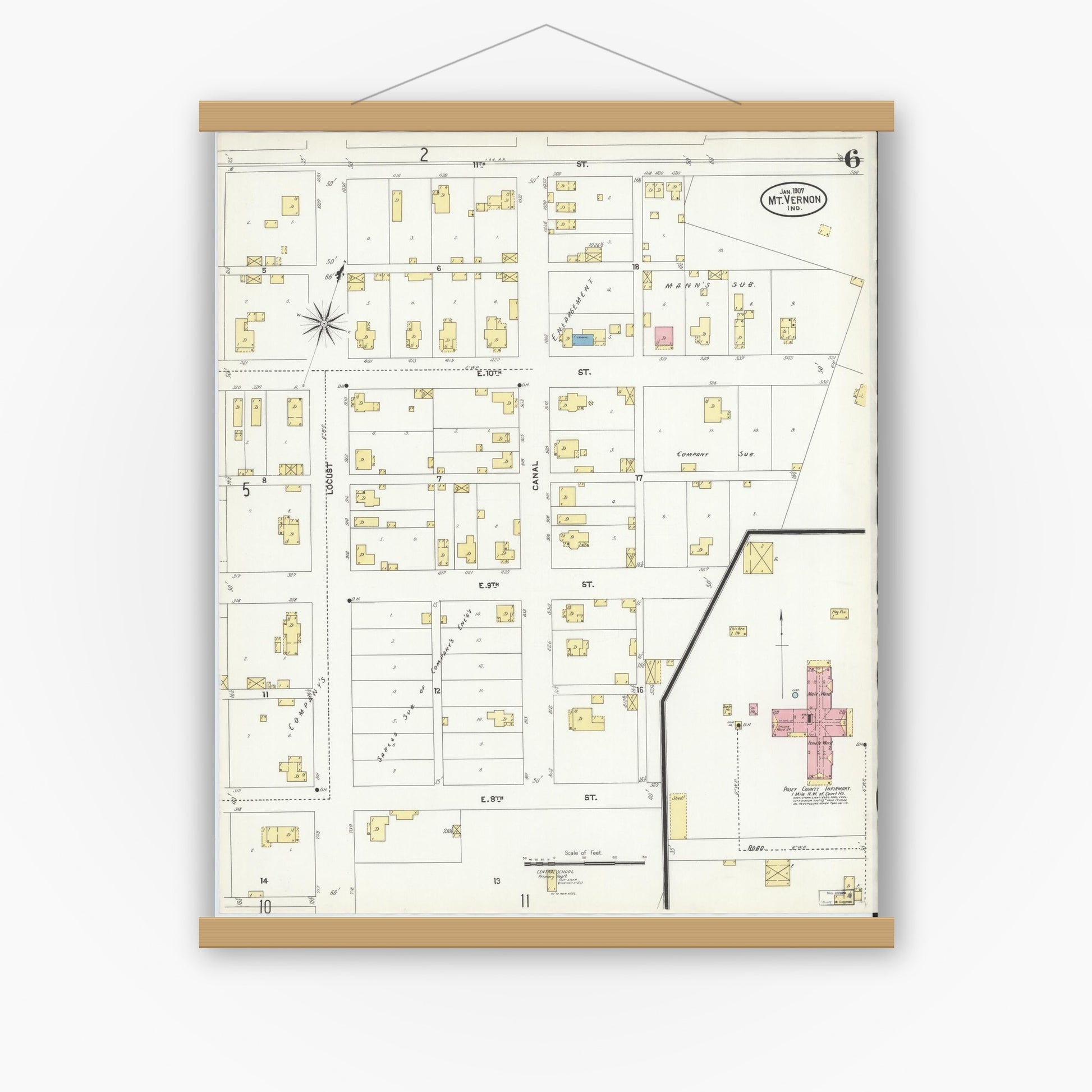Old map wall art mockup — magnetic wood frame on white wall — Sanborn Fire Insurance Map from Mount Vernon, Posey County, Indiana (1907), Sheet #0006