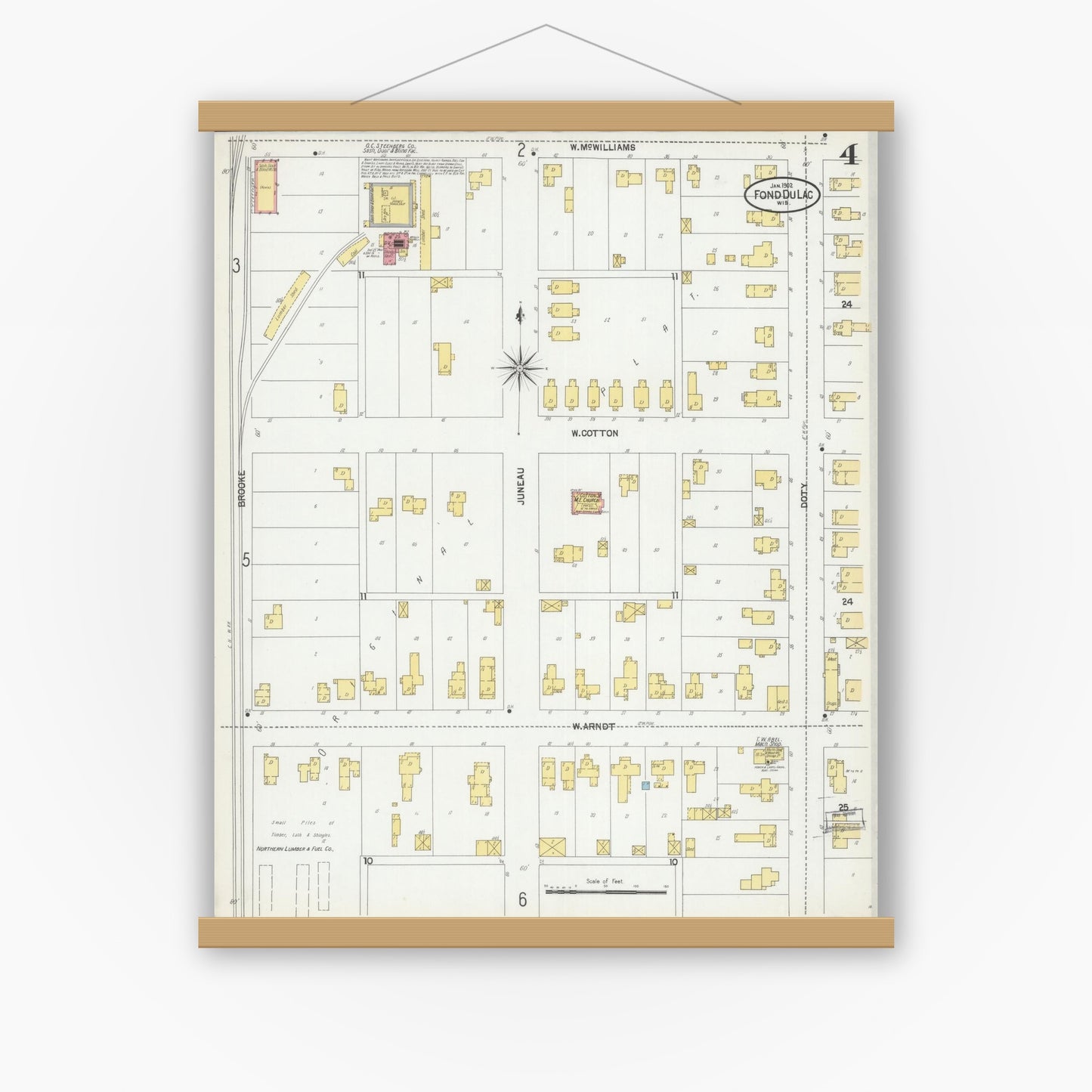 Old map wall art mockup — magnetic wood frame on white wall — Sanborn Fire Insurance Map from Fond du Lac, Fond du Lac County, Wisconsin (1902), Sheet #0004