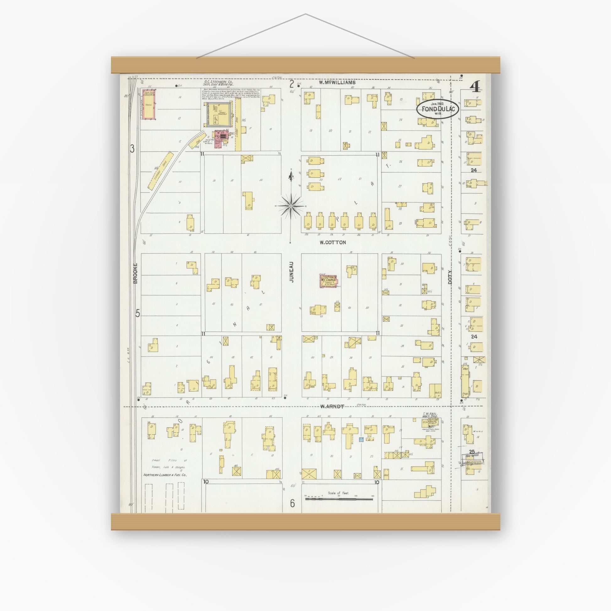 Old map wall art mockup — magnetic wood frame on white wall — Sanborn Fire Insurance Map from Fond du Lac, Fond du Lac County, Wisconsin (1902), Sheet #0004