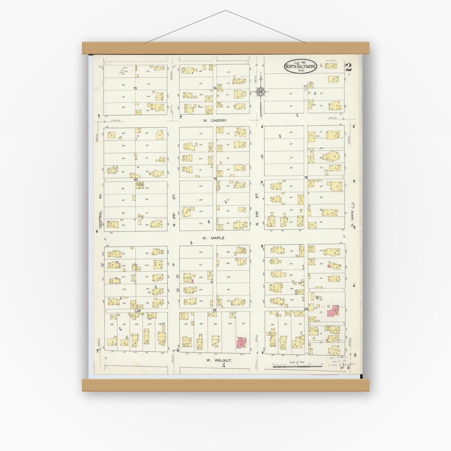 Old map wall art mockup — magnetic wood frame on white wall — Sanborn Fire Insurance Map from North Baltimore, Wood County, Ohio (1913), Sheet #0002