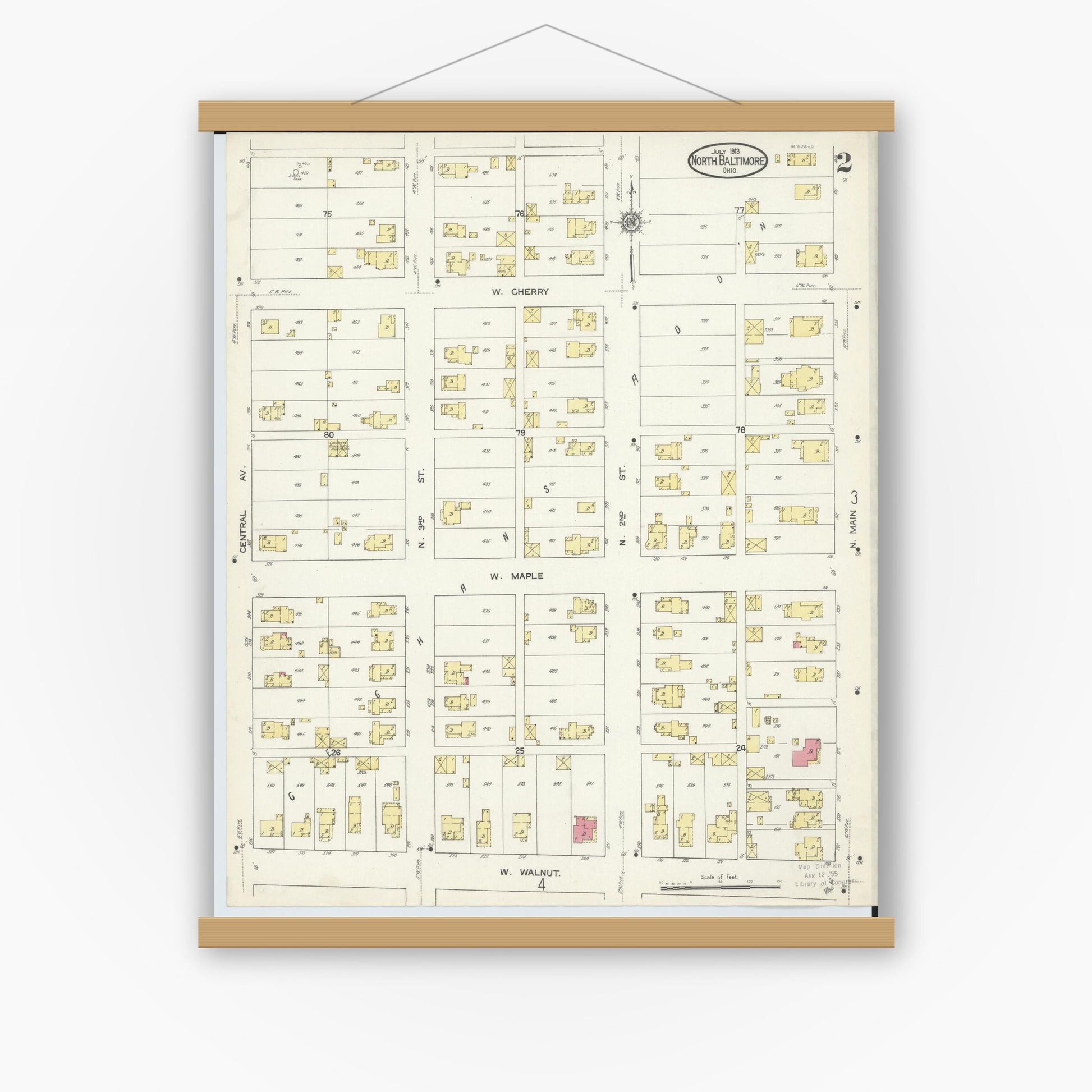 Old map wall art mockup — magnetic wood frame on white wall — Sanborn Fire Insurance Map from North Baltimore, Wood County, Ohio (1913), Sheet #0002
