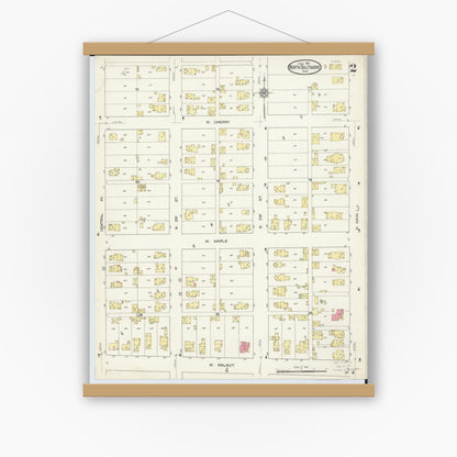 Old map wall art mockup — magnetic wood frame on white wall — Sanborn Fire Insurance Map from North Baltimore, Wood County, Ohio (1913), Sheet #0002